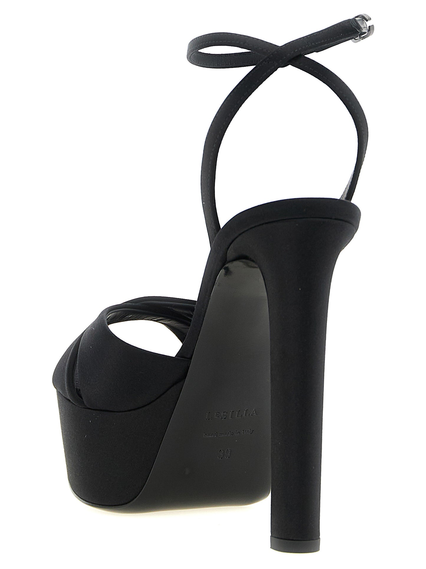 Platform Stiletto Ankle Strap Sandals by LE SILLA for women in viscose silk & leather black features an effortlessly chic silhouette from the Women's Viscose Silk & Leather Platform Stiletto Ankle Strap Sandals collection, showcasing a effortlessly chic stiletto platform and elegant .