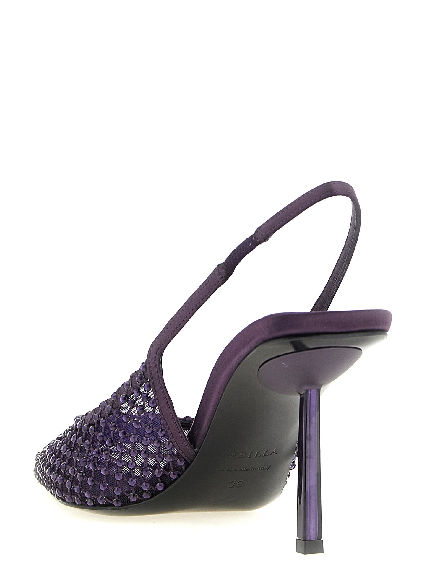 High-Heel Stiletto Slingback Pumps Heels by LE SILLA for women in satin polyester leather & mesh purple & transparent features an captivating silhouette, showcasing the elegant Women's Satin Polyester Leather & Mesh High-Heel Stiletto Slingback Pumps Heels design with a stiletto high-heel and a sophisticated .