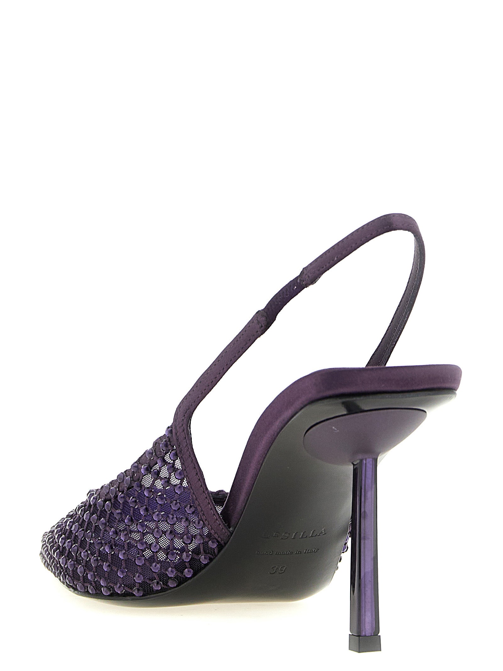 High-Heel Stiletto Slingback Pumps Heels by LE SILLA for women in satin polyester leather & mesh purple & transparent features an captivating silhouette, showcasing the elegant Women's Satin Polyester Leather & Mesh High-Heel Stiletto Slingback Pumps Heels design with a stiletto high-heel and a sophisticated .