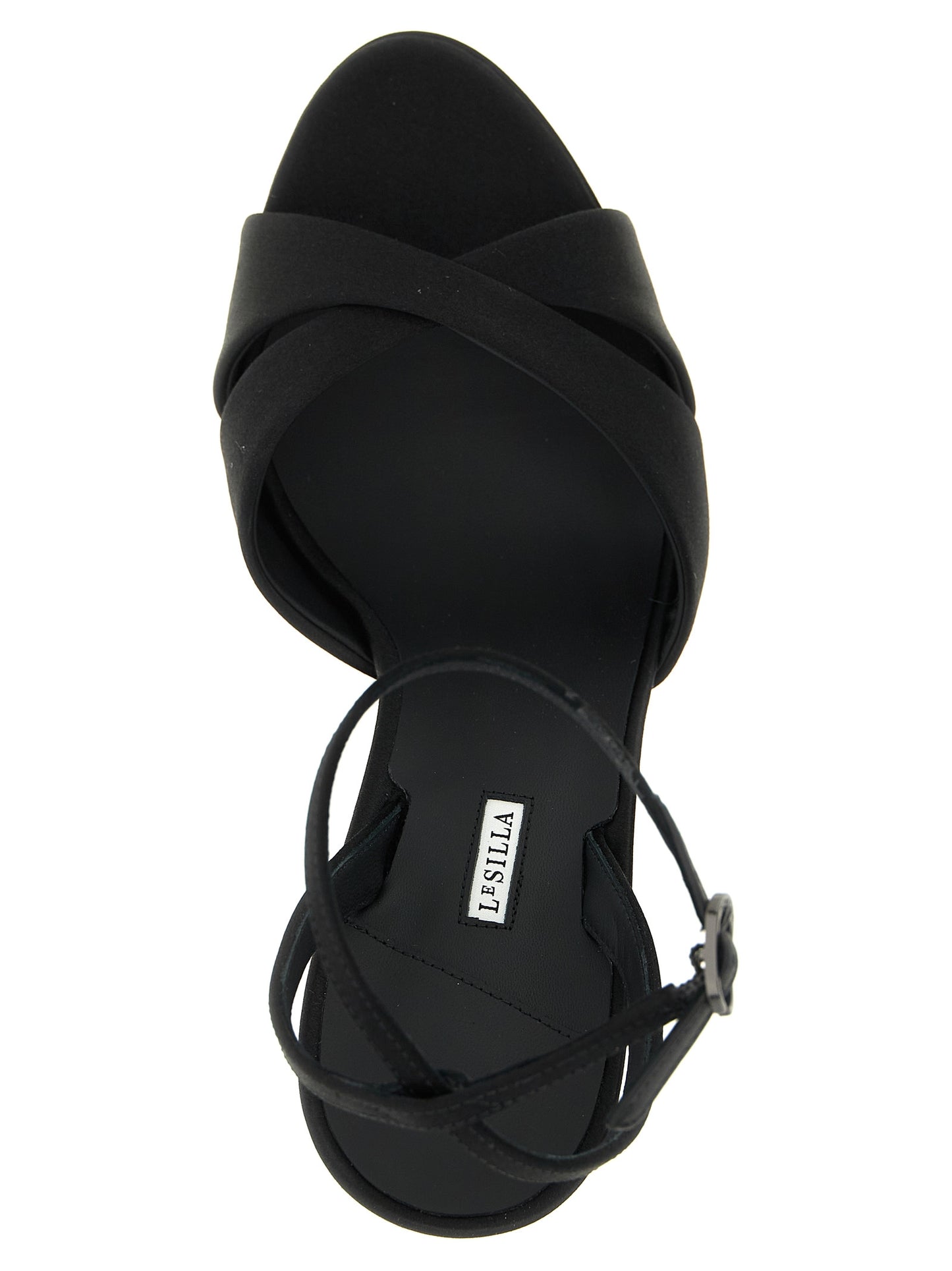 Platform Stiletto Ankle Strap Sandals by LE SILLA for women in viscose silk & leather black presents a sculptural silhouette, showcasing the Women's Viscose Silk & Leather Platform Stiletto Ankle Strap Sandals design with a sculptural stiletto platform and for a premium look.