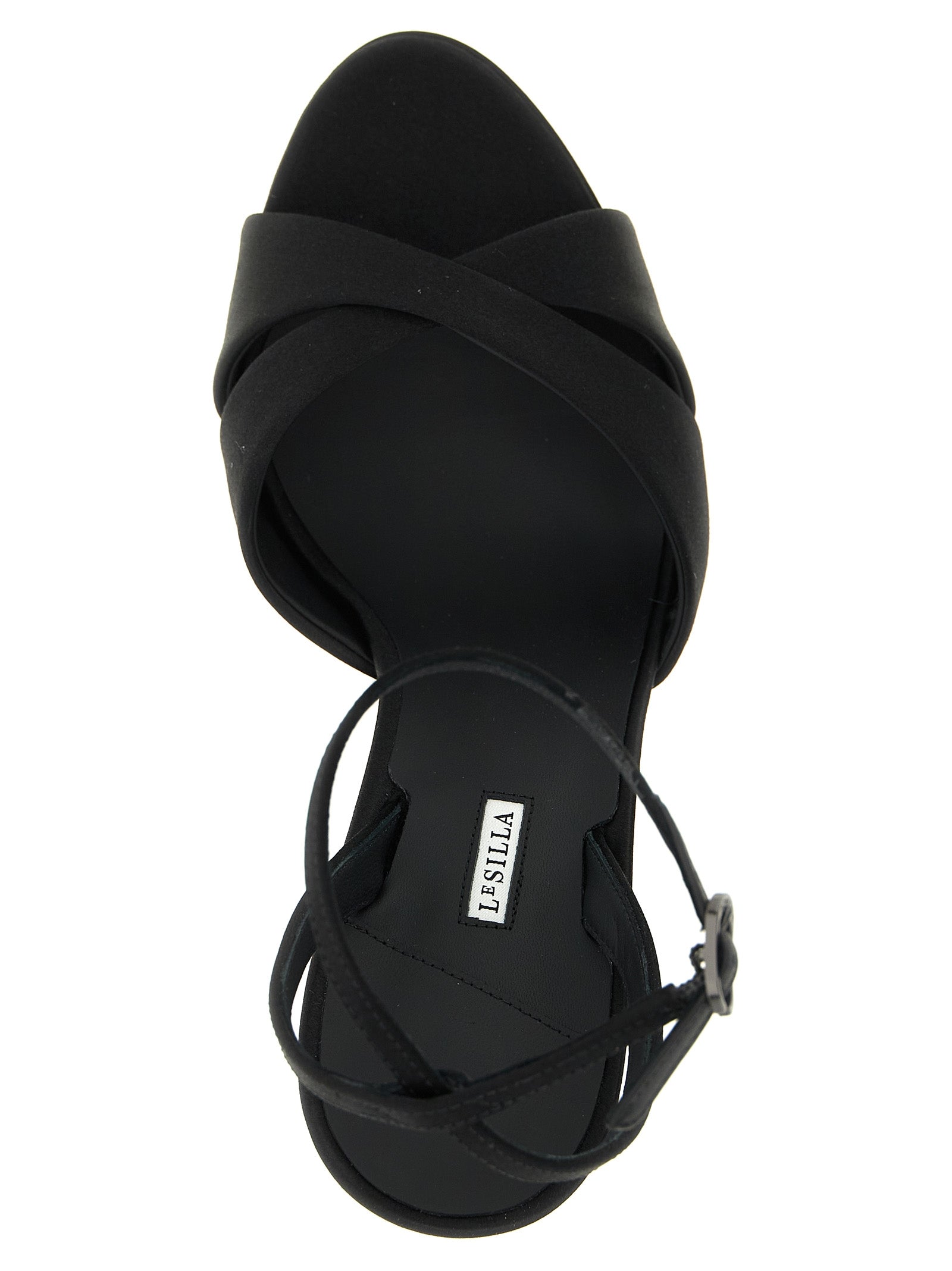 Platform Stiletto Ankle Strap Sandals by LE SILLA for women in viscose silk & leather black presents a sculptural silhouette, showcasing the Women's Viscose Silk & Leather Platform Stiletto Ankle Strap Sandals design with a sculptural stiletto platform and for a premium look.