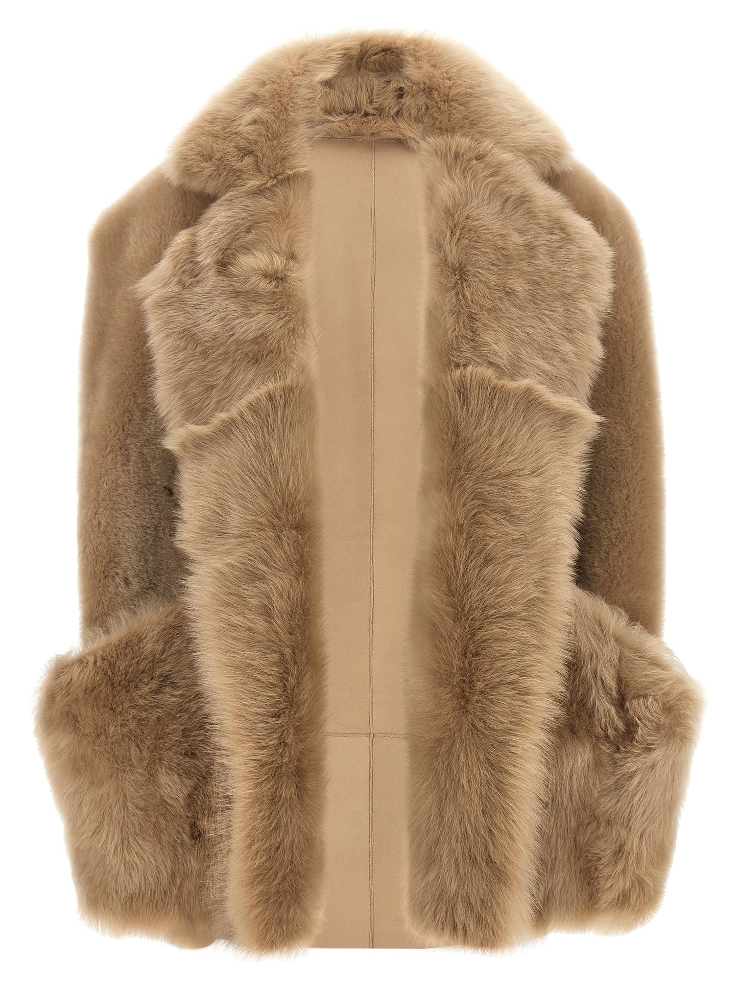 Vest by BLANCHA for women in lamb shearling beige & hazelnut features a enviable silhouette, elegantly detailed with a enviable and functional pockets for a enviable finish.