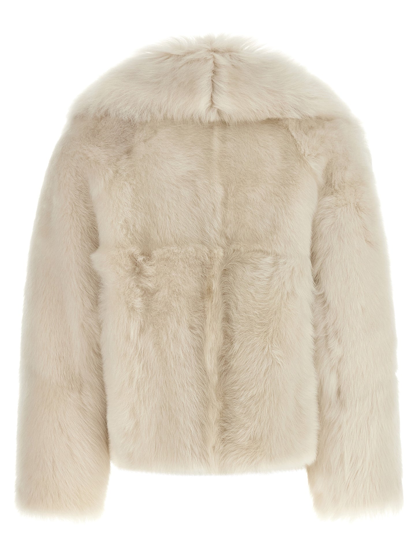 Overcoat by BLANCHA for women in leather & lamb shearling white features an satoral silhouette, showcasing a sophisticated shawl-collar neckline and satoral for a premium, timeless look.