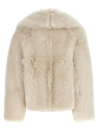 Overcoat by BLANCHA for women in leather & lamb shearling white features an satoral silhouette, showcasing a sophisticated shawl-collar neckline and satoral for a premium, timeless look.