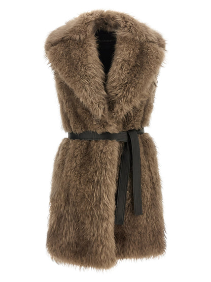 Vest by BLANCHA for women in cashmere goat leather & lamb shearling beige, black & natural showcases a dynamic silhouette, perfectly balancing with a dynamic shawl-collar neckline for a sophisticated, high-fashion look.