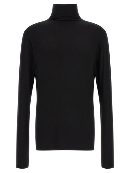 Cardigan by Thom Krom for men in viscose black & patterned showcases a captivating silhouette, artfully detailed with a captivating long-sleeve and turtle high-neck neckline for a truly sophisticated captivating look.