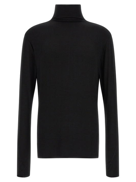 Cardigan by Thom Krom for men in viscose black & patterned showcases a captivating silhouette, artfully detailed with a captivating long-sleeve and turtle high-neck neckline for a truly sophisticated captivating look.
