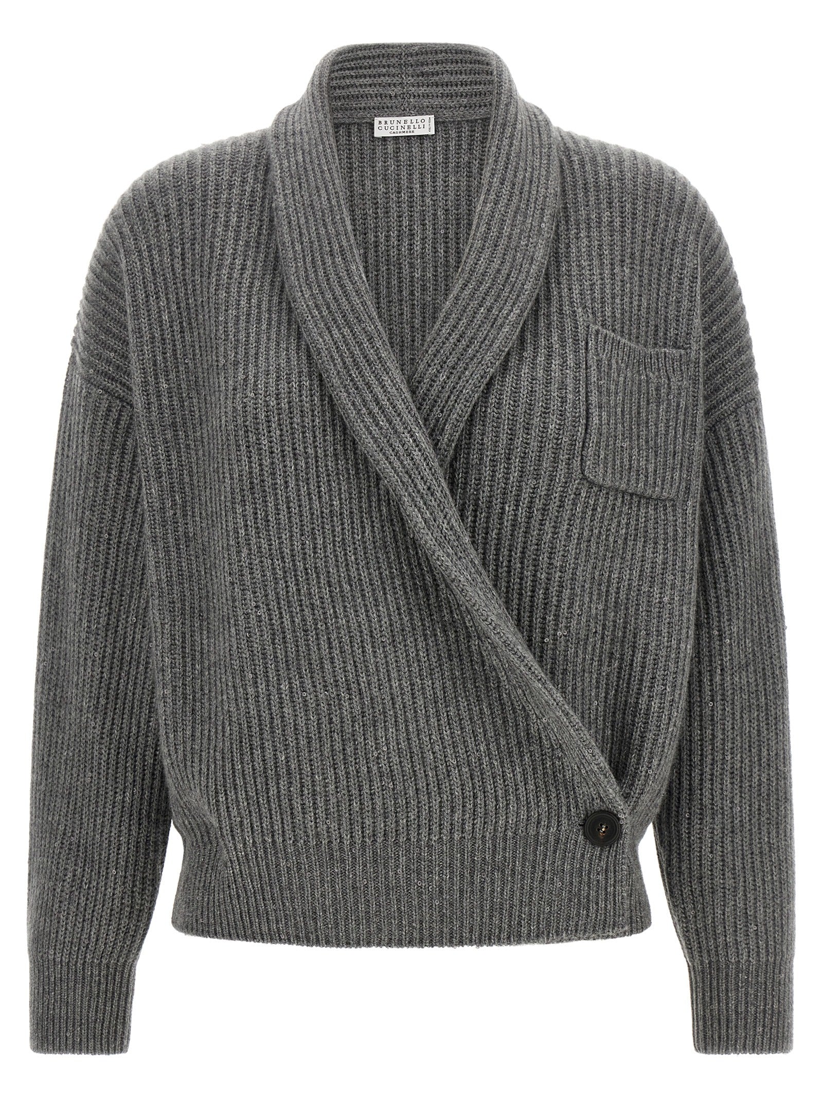 Cardigan by Brunello Cucinelli for women in silk cashmere & sequins gray features an crisp silhouette, showcasing a sophisticated asymmetric shawl-collar neckline and detail for a truly crisp finish.