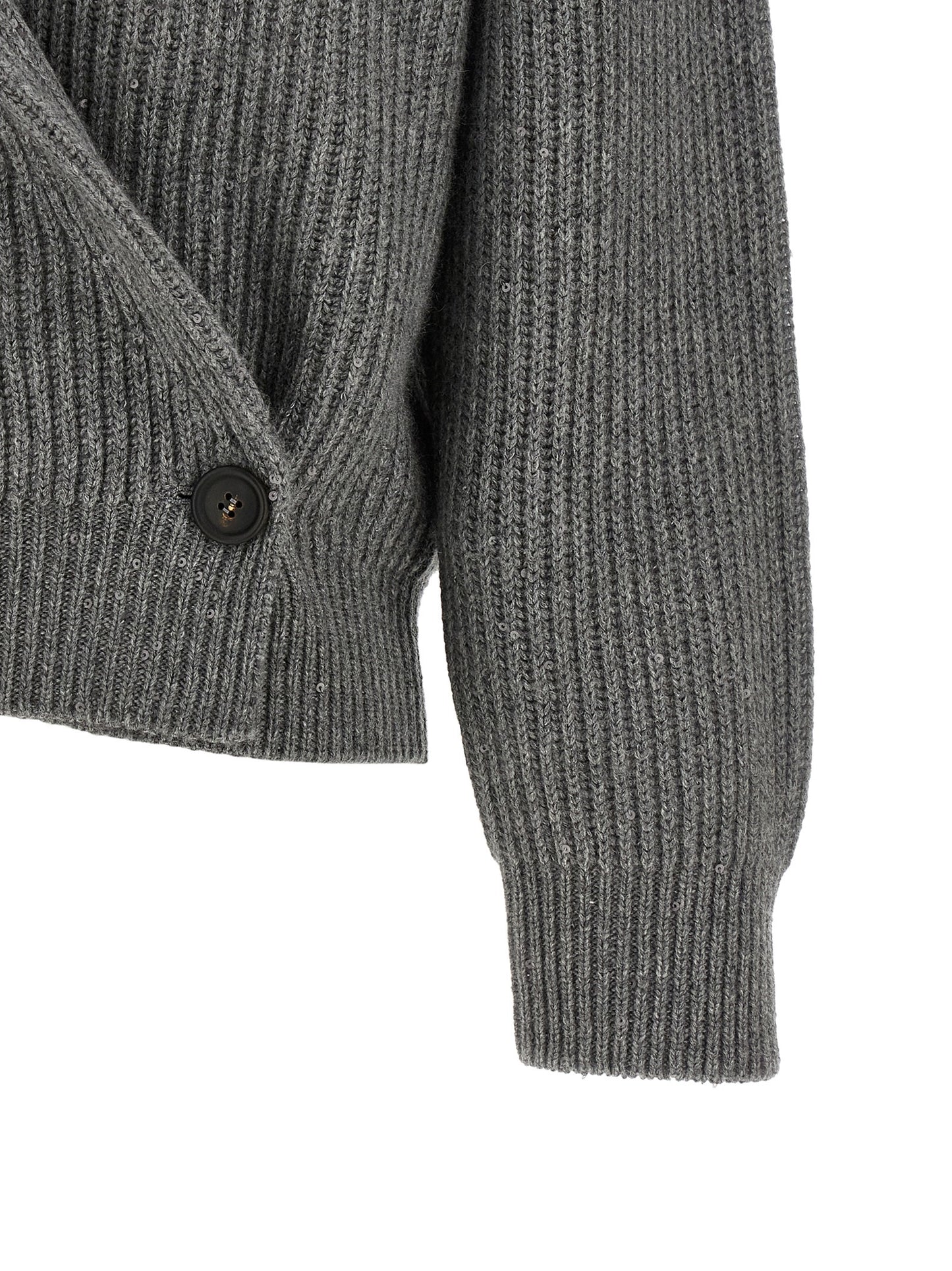 Cardigan by Brunello Cucinelli for women in silk cashmere & sequins gray showcases a luxurious silhouette, meticulously detailed with a sophisticated and for a refined finish.