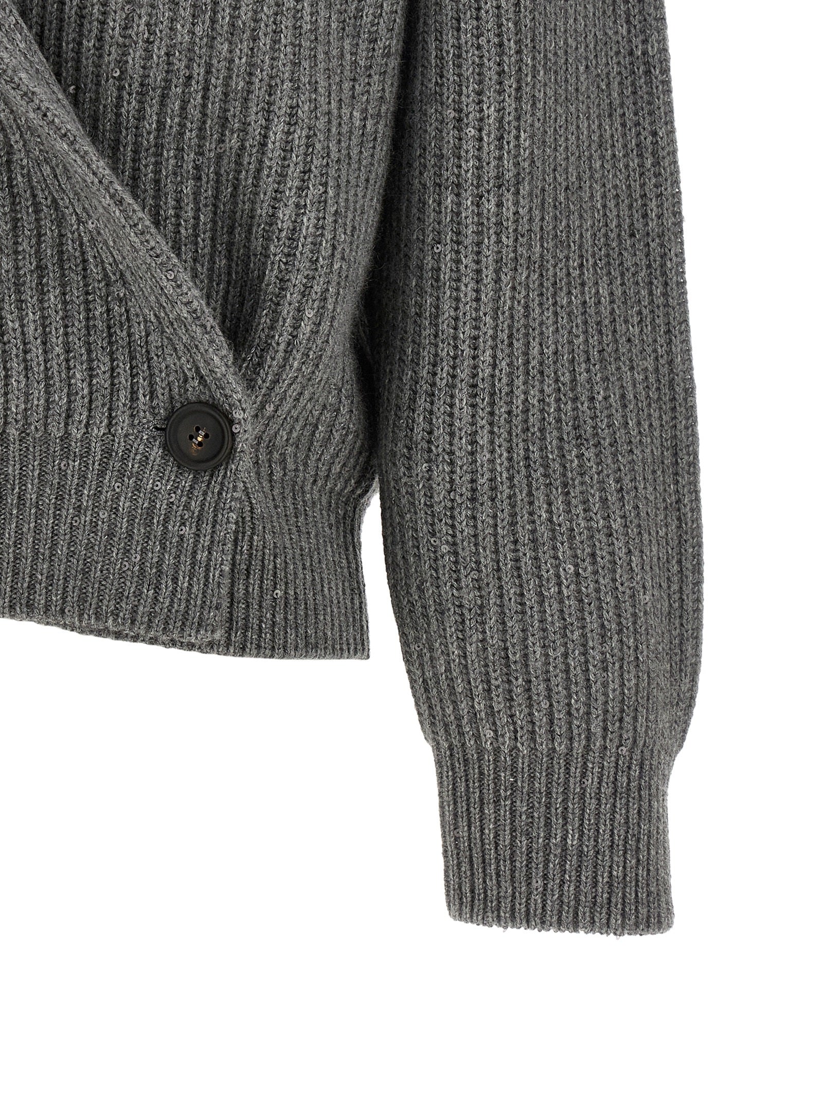 Cardigan by Brunello Cucinelli for women in silk cashmere & sequins gray showcases a luxurious silhouette, meticulously detailed with a sophisticated and for a refined finish.