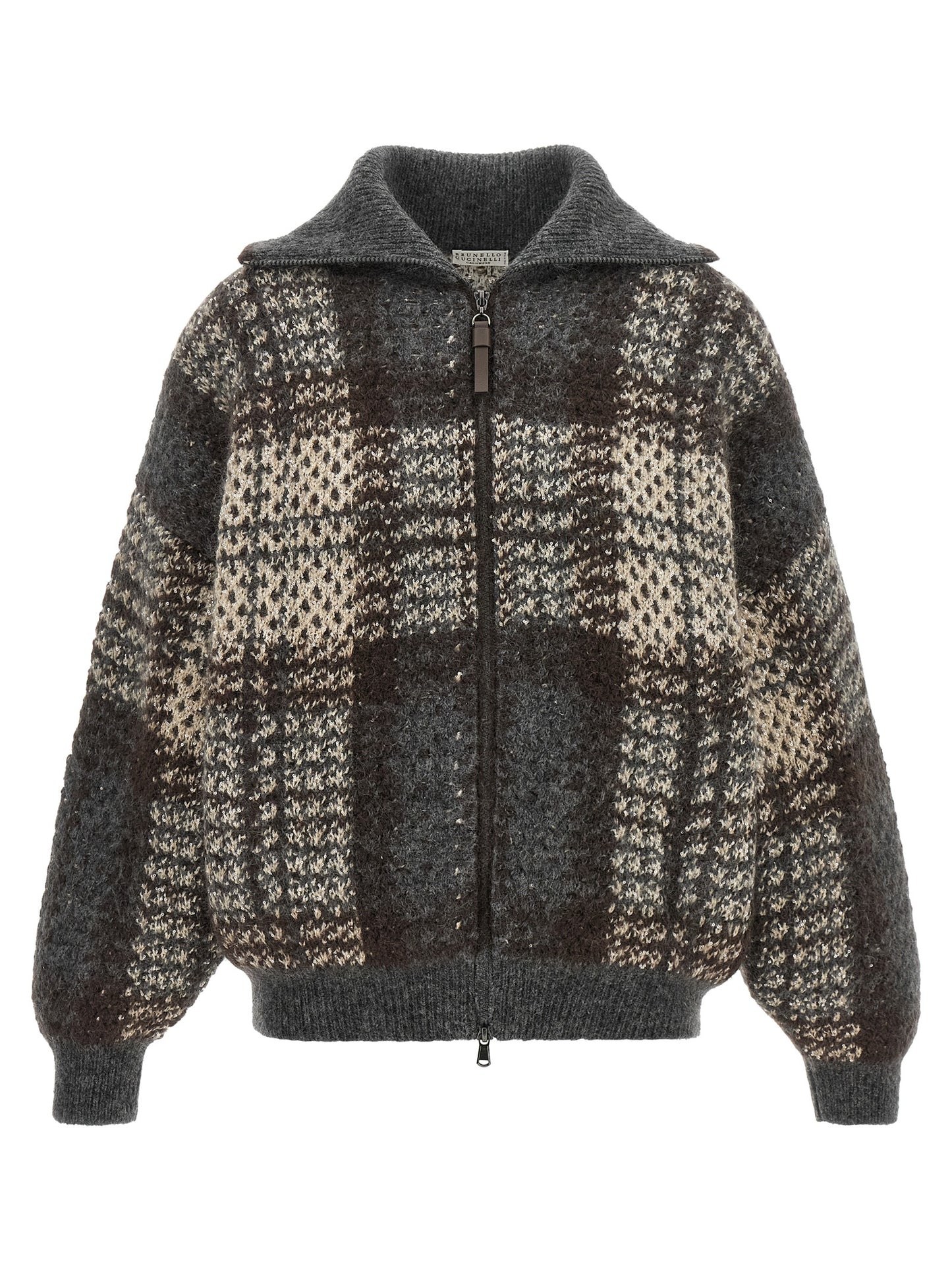 Cardigan by Brunello Cucinelli for women in mohair cashmere leather & sequins brown, gray, patterned & tartan features a nuanced silhouette with a refined high-neck neckline and nuanced detailing for a sophisticated look.