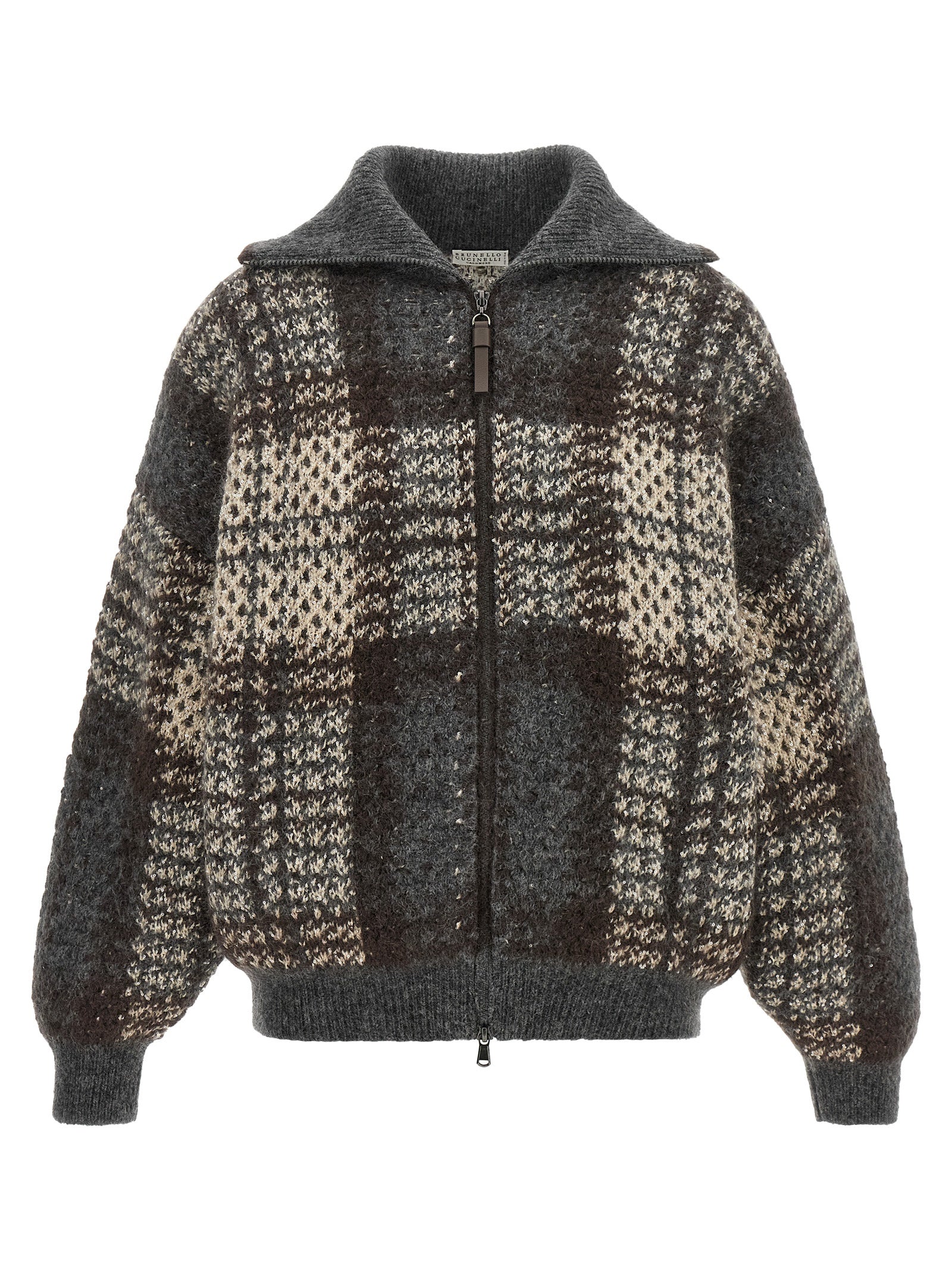 Cardigan by Brunello Cucinelli for women in mohair cashmere leather & sequins brown, gray, patterned & tartan features a nuanced silhouette with a refined high-neck neckline and nuanced detailing for a sophisticated look.