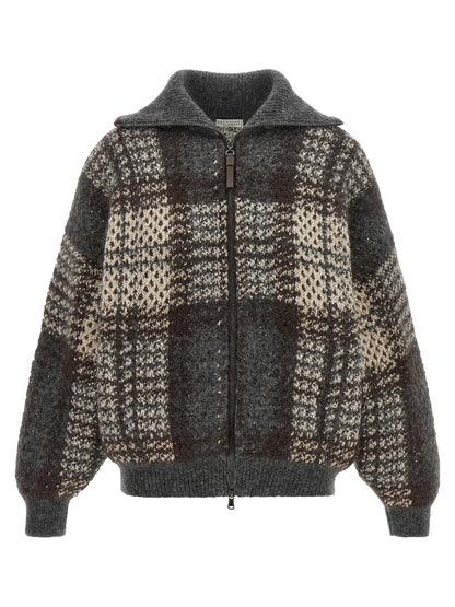 Cardigan by Brunello Cucinelli for women in mohair cashmere leather & sequins brown, gray, patterned & tartan features a nuanced silhouette with a refined high-neck neckline and nuanced detailing for a sophisticated look.