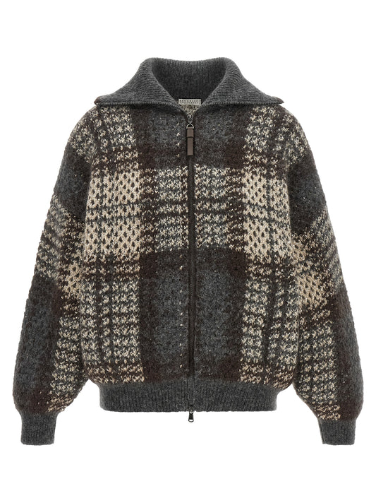 Cardigan by Brunello Cucinelli for women in mohair cashmere leather & sequins brown, gray, patterned & tartan features a nuanced silhouette with a refined high-neck neckline and nuanced detailing for a sophisticated look.