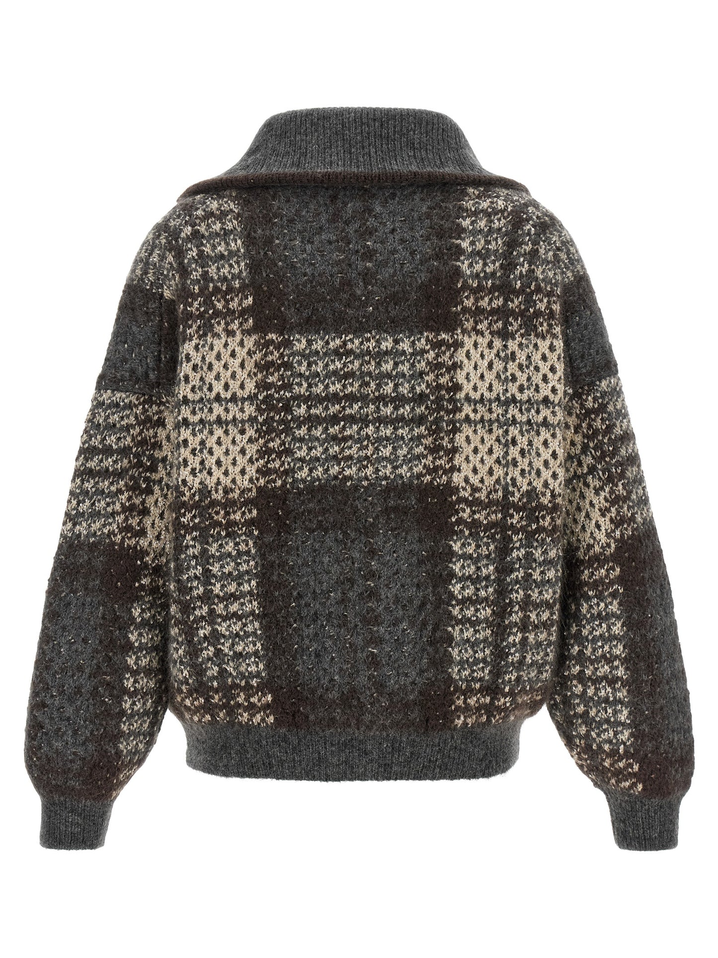 Cardigan by Brunello Cucinelli for women in mohair cashmere leather & sequins brown, gray, patterned & tartan features an impeccable silhouette, showcasing a sophisticated high-neck neckline and detail for a truly impeccable finish.