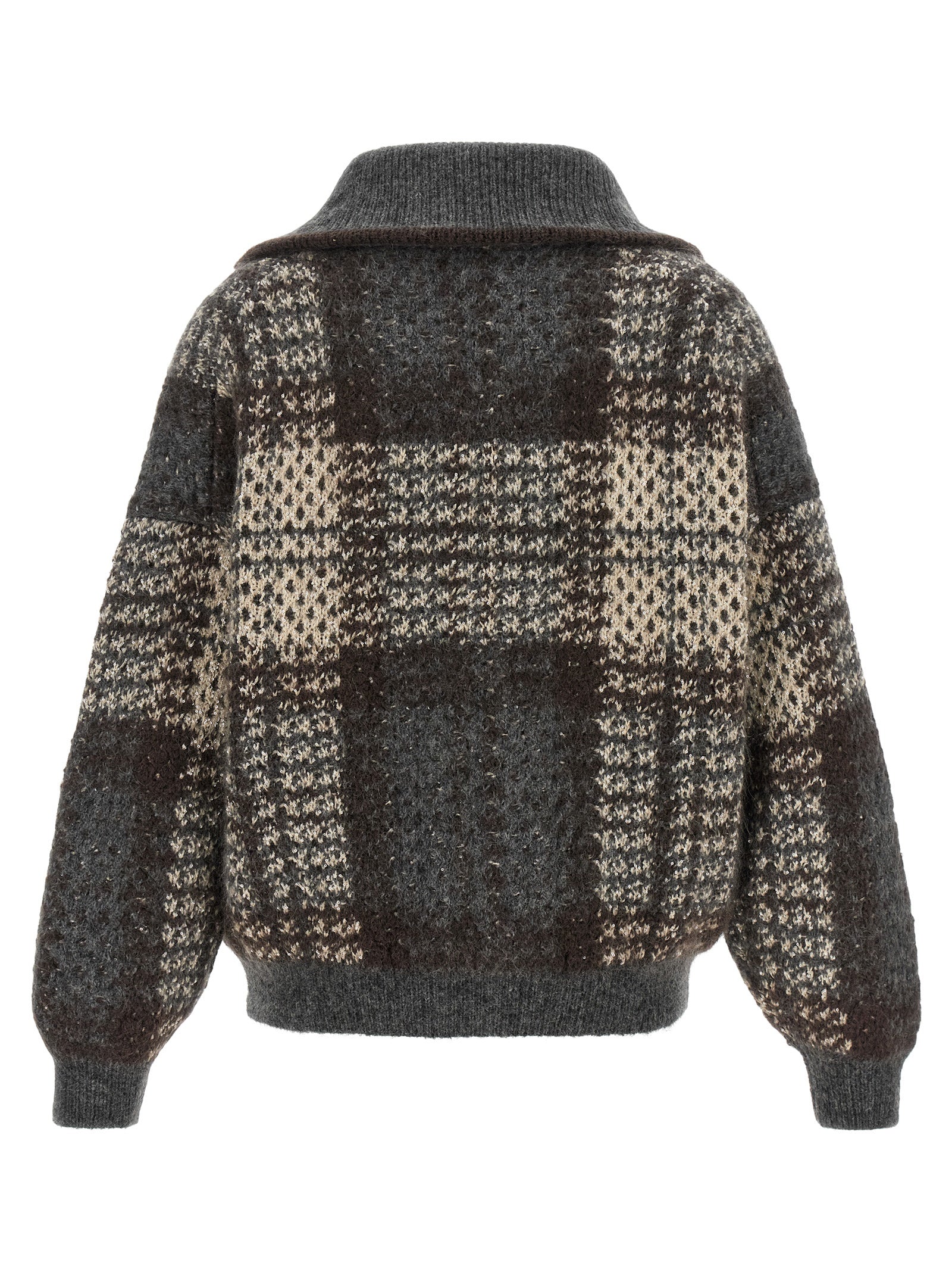 Cardigan by Brunello Cucinelli for women in mohair cashmere leather & sequins brown, gray, patterned & tartan features an impeccable silhouette, showcasing a sophisticated high-neck neckline and detail for a truly impeccable finish.