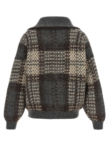Cardigan by Brunello Cucinelli for women in mohair cashmere leather & sequins brown, gray, patterned & tartan features an impeccable silhouette, showcasing a sophisticated high-neck neckline and detail for a truly impeccable finish.