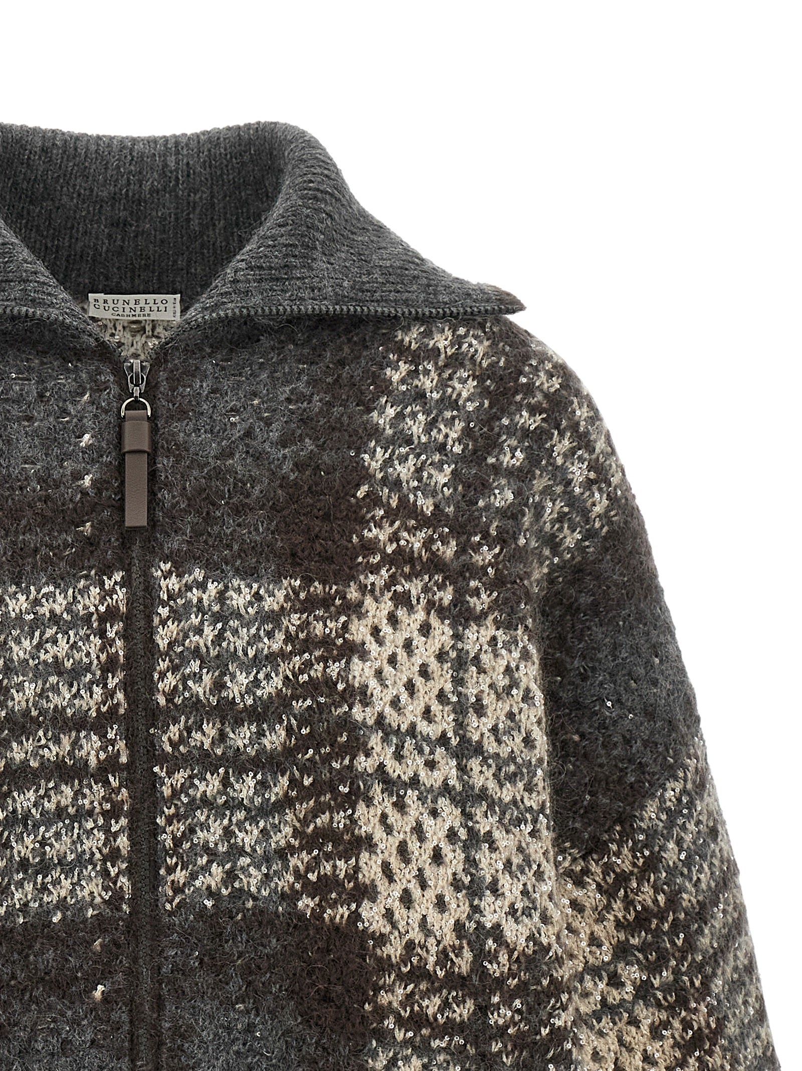 Cardigan by Brunello Cucinelli for women in mohair cashmere leather & sequins brown, gray, patterned & tartan features a dramatic silhouette, showcasing a sophisticated high-neck neckline and dramatic detail for a timeless, premium look.