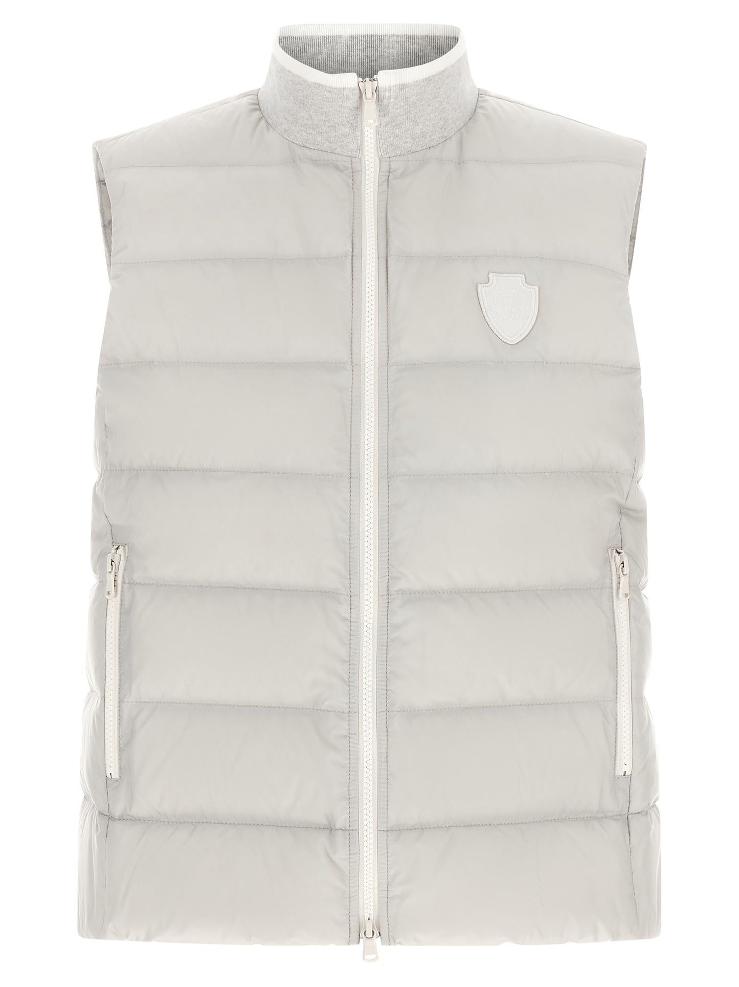 Vest by Brunello Cucinelli for women in polyester gray, light-grey & signature showcases a utilitarian silhouette, artfully incorporating pockets & insulated and a utilitarian high-neck neckline for a truly utilitarian finish.