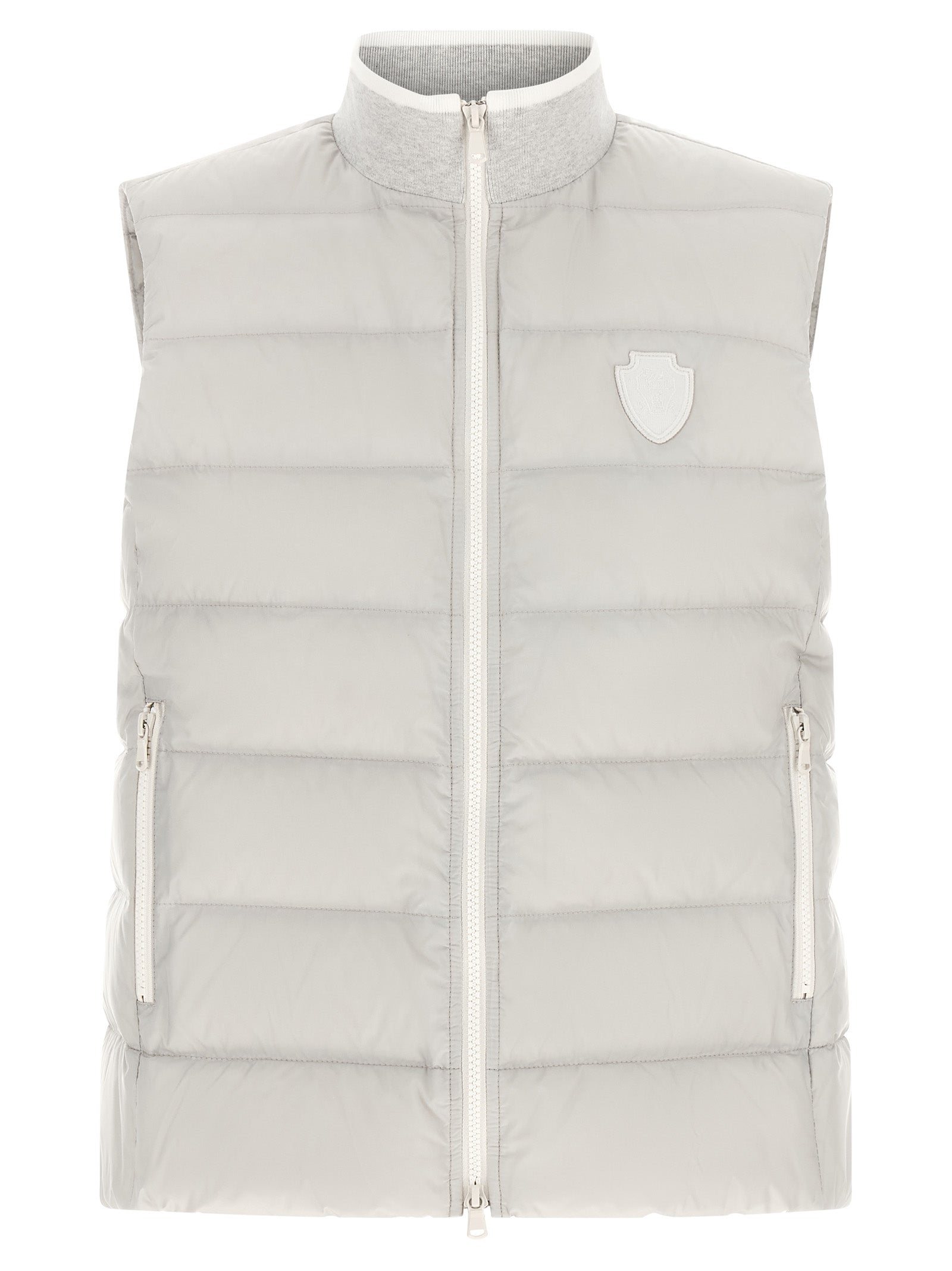 Vest by Brunello Cucinelli for women in polyester gray, light-grey & signature showcases a utilitarian silhouette, artfully incorporating pockets & insulated and a utilitarian high-neck neckline for a truly utilitarian finish.
