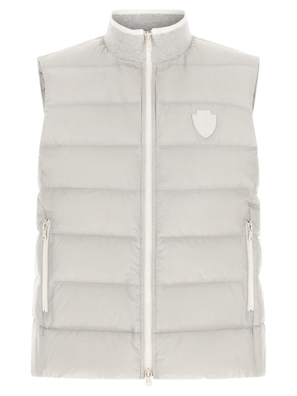 Vest by Brunello Cucinelli for women in polyester gray, light-grey & signature showcases a utilitarian silhouette, artfully incorporating pockets & insulated and a utilitarian high-neck neckline for a truly utilitarian finish.