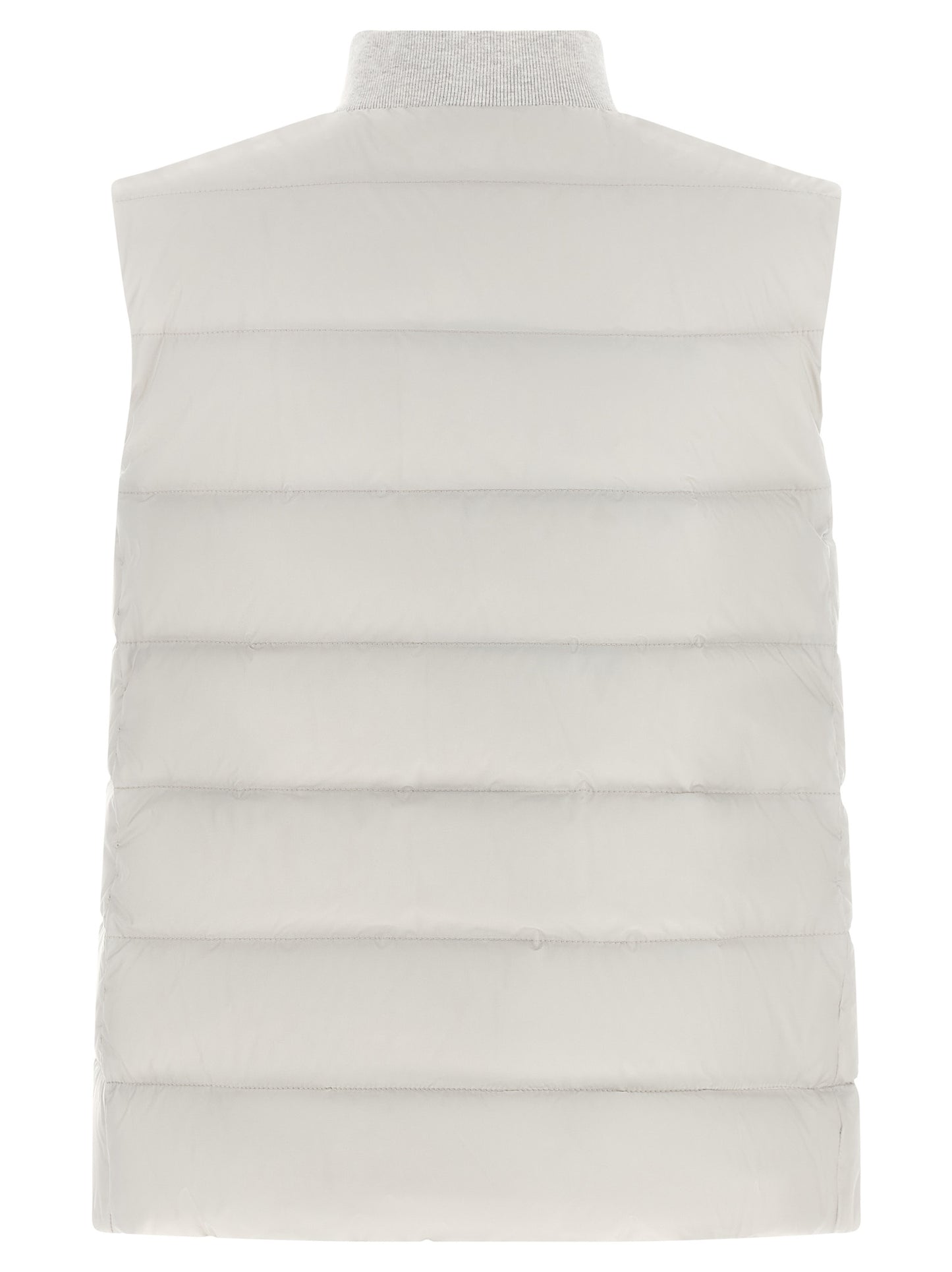 Vest by Brunello Cucinelli for women in polyester gray, light-grey & signature showcases a dynamic silhouette, perfectly balancing pockets & insulated with a dynamic high-neck neckline for a sophisticated, high-fashion look.