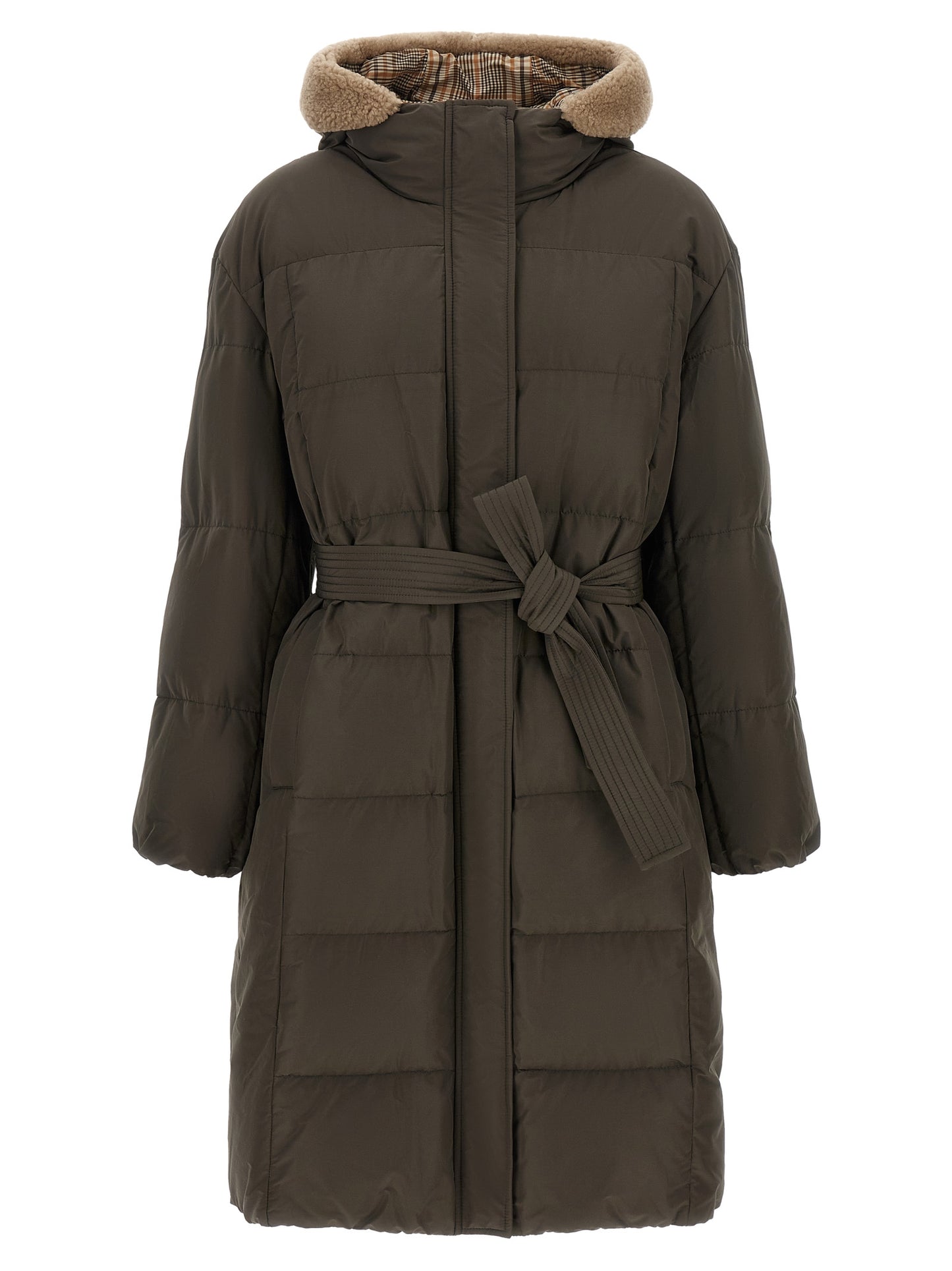 Hooded Puffer Jacket by Brunello Cucinelli for women in cotton canvas bicolour, green, olive & patterned presents a effortlessly chic silhouette, showcasing a sophisticated hooded neckline and premium pockets, hooded & insulated for a truly effortlessly chic finish.