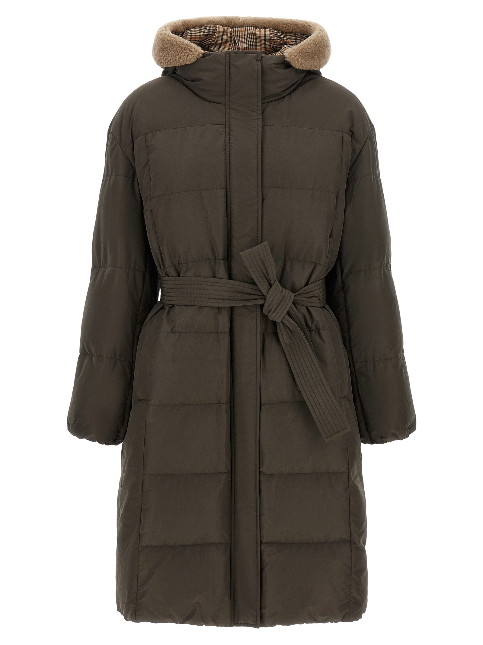 Hooded Puffer Jacket by Brunello Cucinelli for women in cotton canvas bicolour, green, olive & patterned presents a effortlessly chic silhouette, showcasing a sophisticated hooded neckline and premium pockets, hooded & insulated for a truly effortlessly chic finish.
