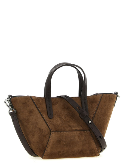 Mini Flap Handbag by Brunello Cucinelli for women in suede calfskin leather bicolour, brown, green & signature features a refined silhouette, showcasing a secure snap, flap, magnetic & hook, organized , and versatile shoulder-strap, handle, adjustable-strap & detachable-strap for a refined finish.