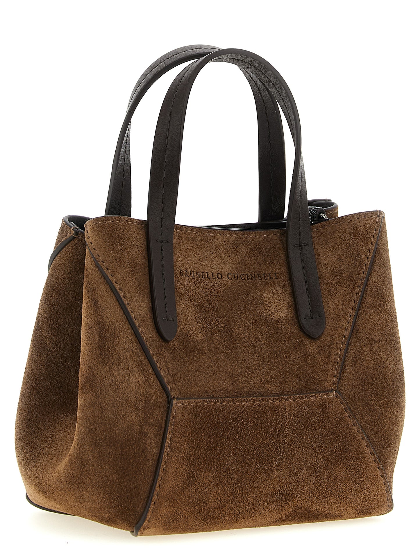 Mini Flap Handbag by Brunello Cucinelli for women in suede calfskin leather bicolour, brown, green & signature features a signature silhouette, showcasing a secure snap, flap, magnetic & hook and signature with versatile shoulder-strap, handle, adjustable-strap & detachable-strap for a sophisticated look.