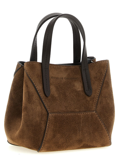 Mini Flap Handbag by Brunello Cucinelli for women in suede calfskin leather bicolour, brown, green & signature features a signature silhouette, showcasing a secure snap, flap, magnetic & hook and signature with versatile shoulder-strap, handle, adjustable-strap & detachable-strap for a sophisticated look.