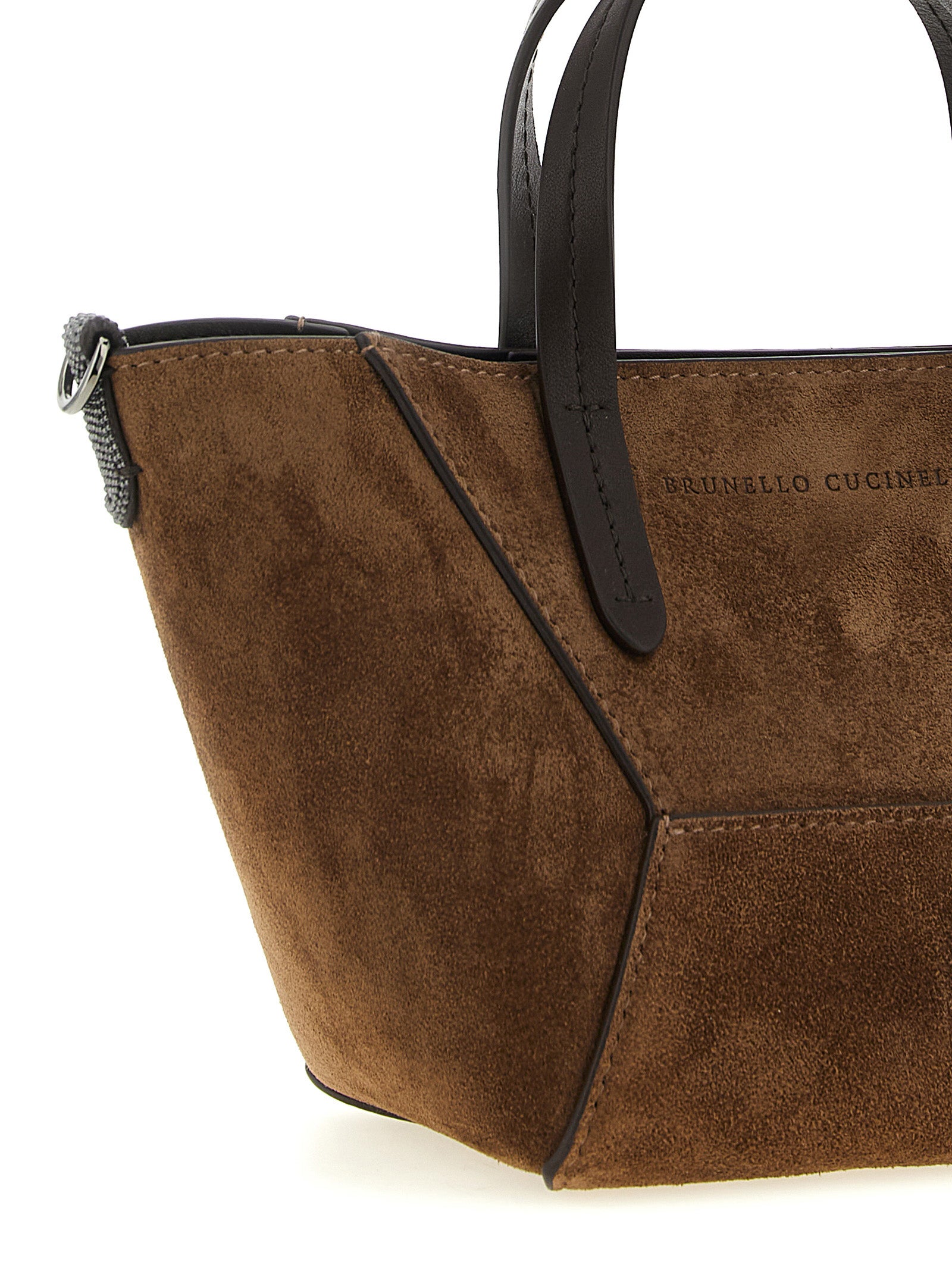Mini Flap Handbag by Brunello Cucinelli for women in suede calfskin leather bicolour, brown, green & signature features a exquisite silhouette, showcasing a secure snap, flap, magnetic & hook and exquisite with versatile shoulder-strap, handle, adjustable-strap & detachable-strap for a exquisite finish.
