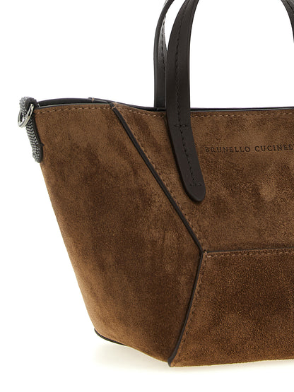 Mini Flap Handbag by Brunello Cucinelli for women in suede calfskin leather bicolour, brown, green & signature features a exquisite silhouette, showcasing a secure snap, flap, magnetic & hook and exquisite with versatile shoulder-strap, handle, adjustable-strap & detachable-strap for a exquisite finish.