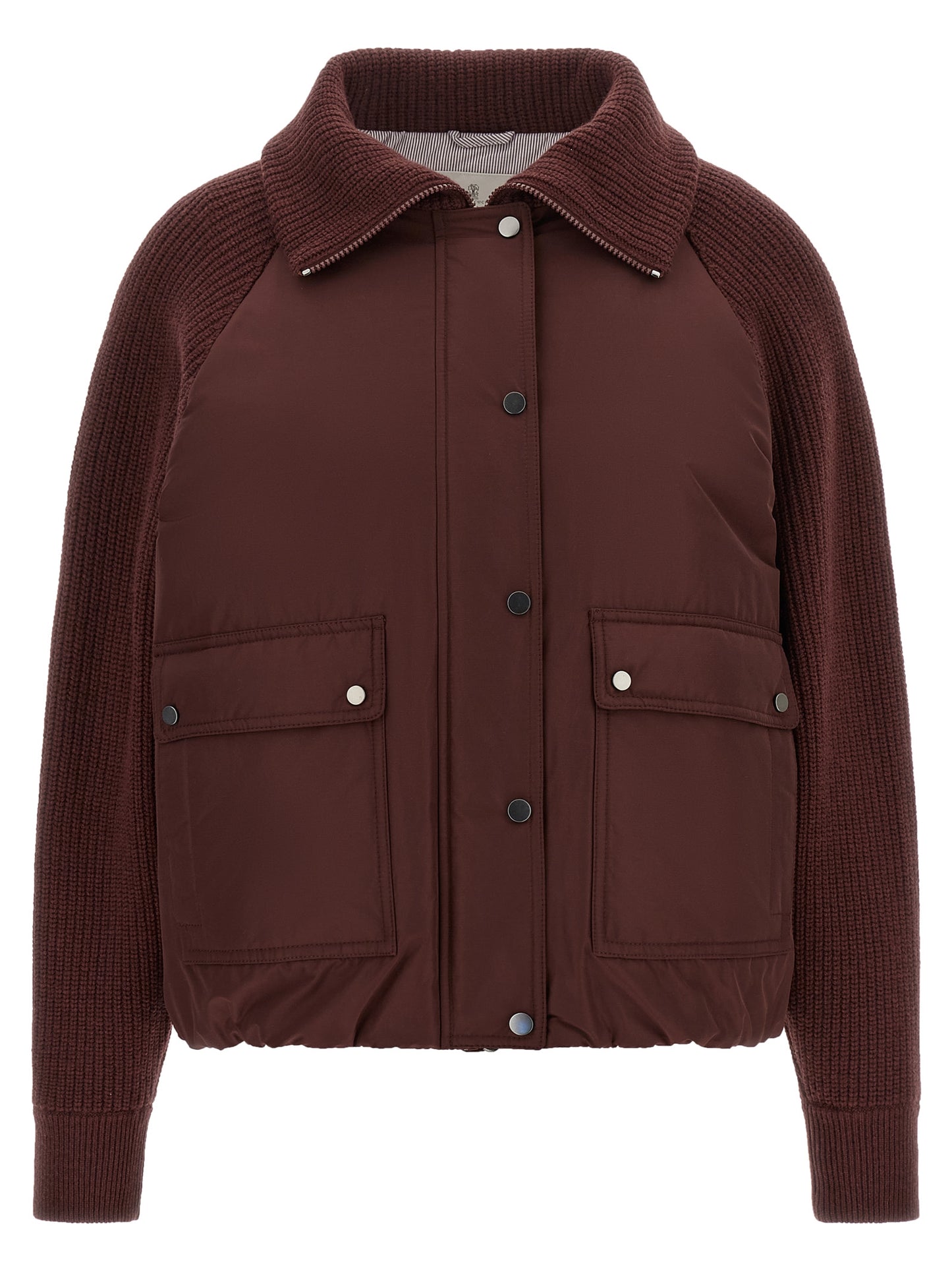 Bomber Jacket by Brunello Cucinelli for women in goose-down cotton cashmere & leather bordeaux & burgundy features a city-ready silhouette, detailed with pockets & insulated and a city-ready .