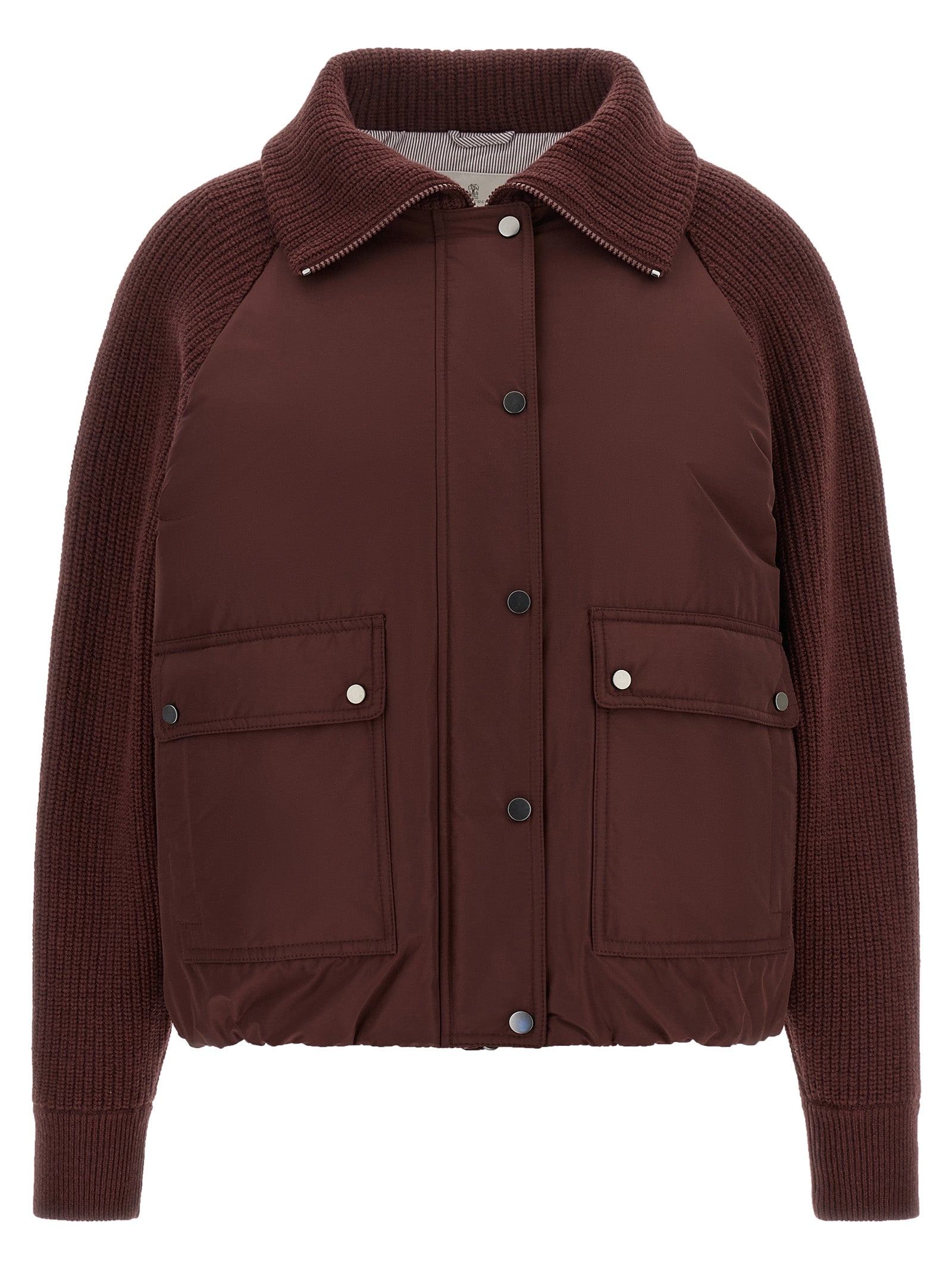 Bomber Jacket by Brunello Cucinelli for women in goose-down cotton cashmere & leather bordeaux & burgundy features a city-ready silhouette, detailed with pockets & insulated and a city-ready .