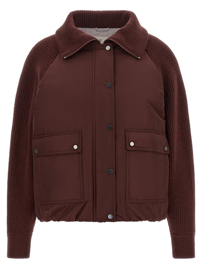 Bomber Jacket by Brunello Cucinelli for women in goose-down cotton cashmere & leather bordeaux & burgundy features a city-ready silhouette, detailed with pockets & insulated and a city-ready .