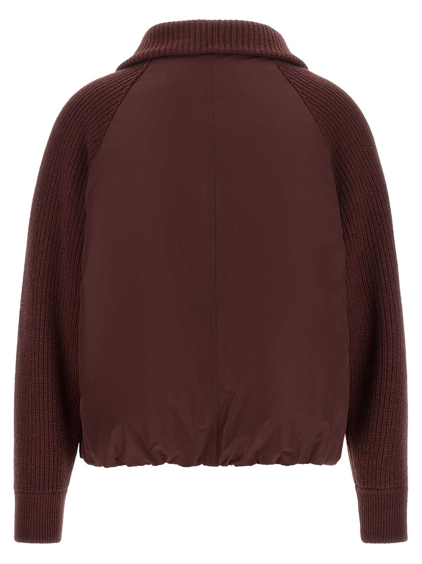 Bomber Jacket by Brunello Cucinelli for women in goose-down cotton cashmere & leather bordeaux & burgundy features an contemporary silhouette, showcasing a sophisticated and contemporary pockets & insulated for a truly refined look.