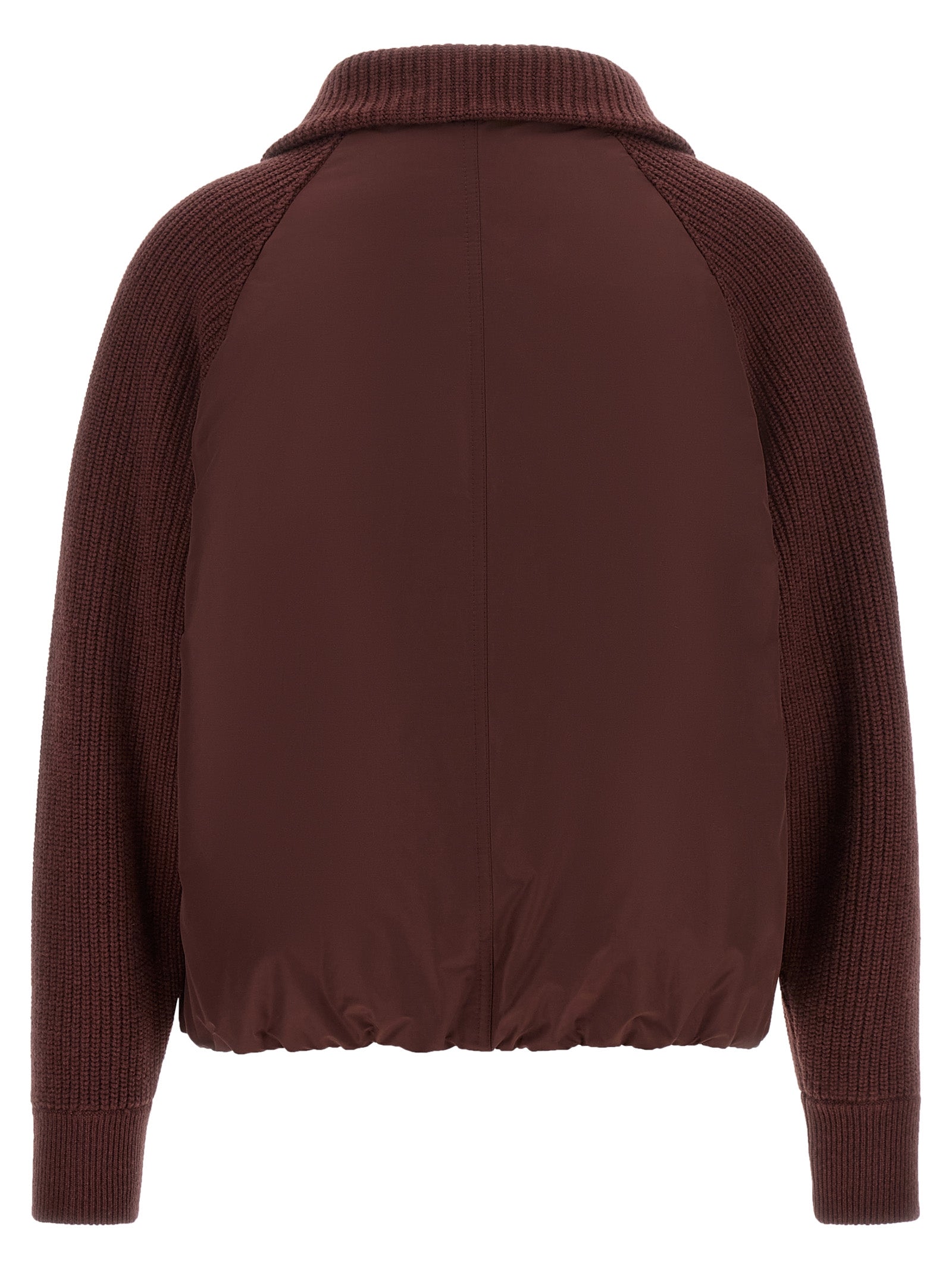 Bomber Jacket by Brunello Cucinelli for women in goose-down cotton cashmere & leather bordeaux & burgundy features an contemporary silhouette, showcasing a sophisticated and contemporary pockets & insulated for a truly refined look.