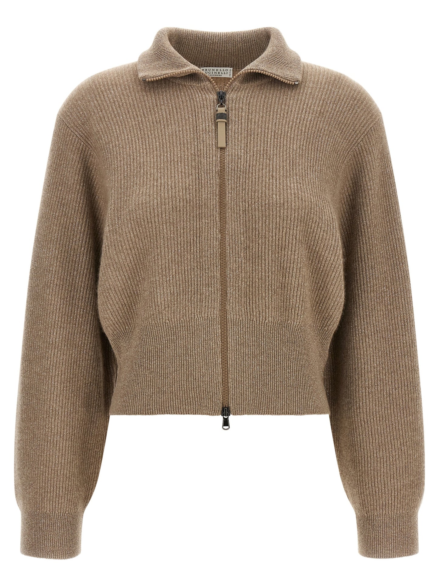 Cardigan by Brunello Cucinelli for women in cashmere & leather brown showcases a captivating silhouette, artfully detailed with a captivating long-sleeve and turtle neckline for a truly sophisticated captivating look.