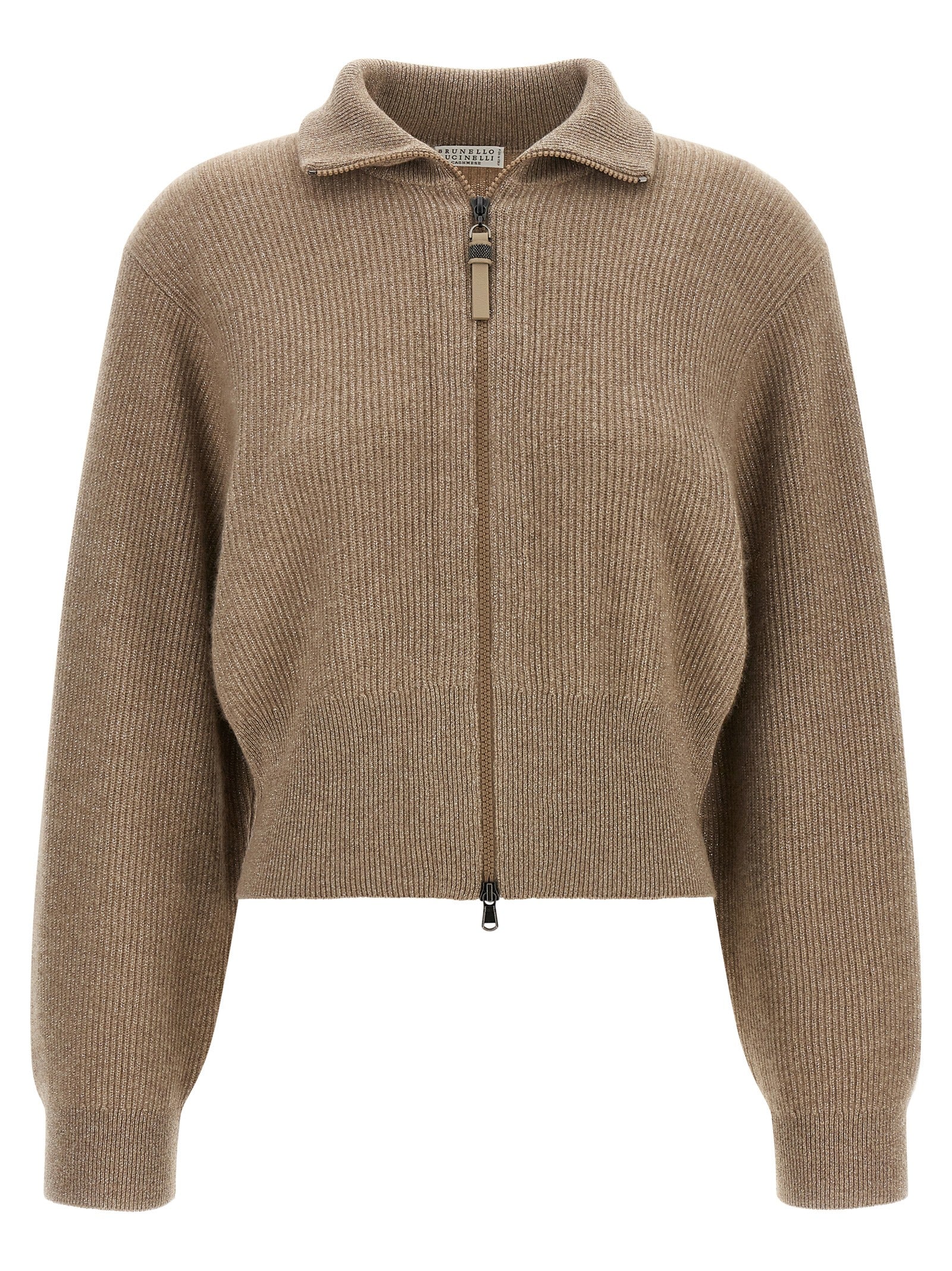Cardigan by Brunello Cucinelli for women in cashmere & leather brown showcases a captivating silhouette, artfully detailed with a captivating long-sleeve and turtle neckline for a truly sophisticated captivating look.