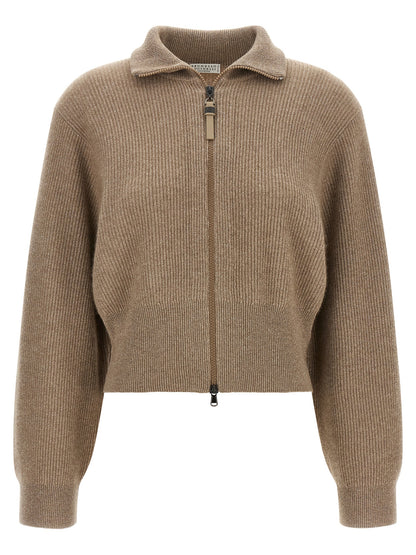 Cardigan by Brunello Cucinelli for women in cashmere & leather brown showcases a captivating silhouette, artfully detailed with a captivating long-sleeve and turtle neckline for a truly sophisticated captivating look.