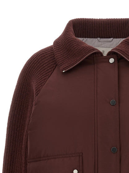 Bomber Jacket by Brunello Cucinelli for women in goose-down cotton cashmere & leather bordeaux & burgundy features an on trend silhouette, showcasing refined pockets & insulated and a sophisticated for a truly on trend finish.