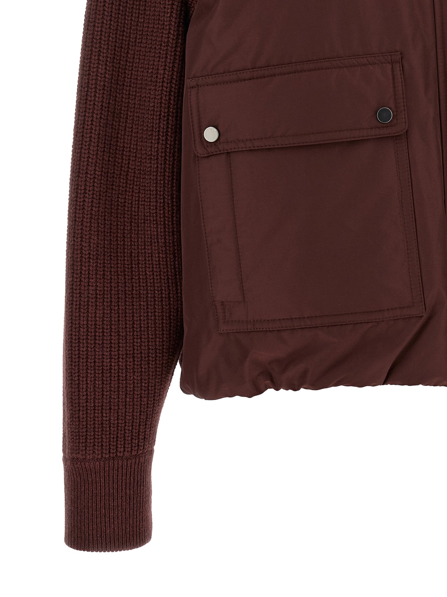 Bomber Jacket by Brunello Cucinelli for women in goose-down cotton cashmere & leather bordeaux & burgundy features a city-ready silhouette, detailed with pockets & insulated and a city-ready .