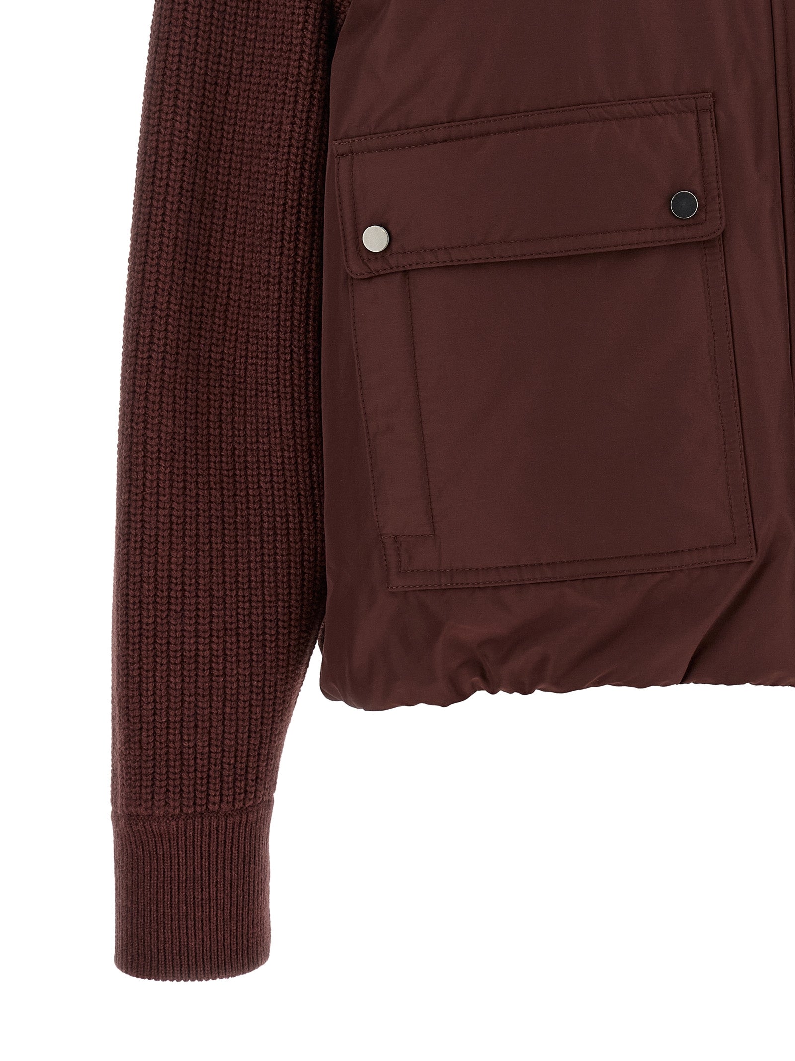 Bomber Jacket by Brunello Cucinelli for women in goose-down cotton cashmere & leather bordeaux & burgundy features a city-ready silhouette, detailed with pockets & insulated and a city-ready .