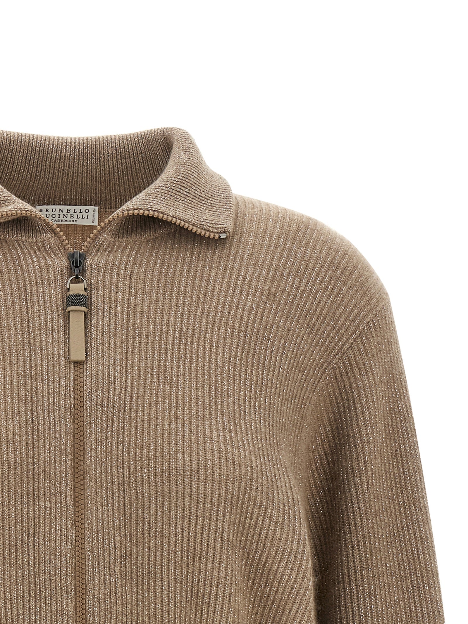 Cardigan by Brunello Cucinelli for women in cashmere & leather brown features a nuanced silhouette with a refined turtle neckline and nuanced detailing for a sophisticated look.