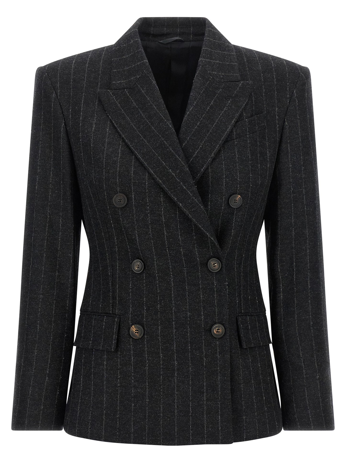 Blazer by Brunello Cucinelli for women in virgin wool cashmere gray, horn, patterned & pinstripe features an crisp silhouette with sophisticated and a crisp for a truly crisp finish.
