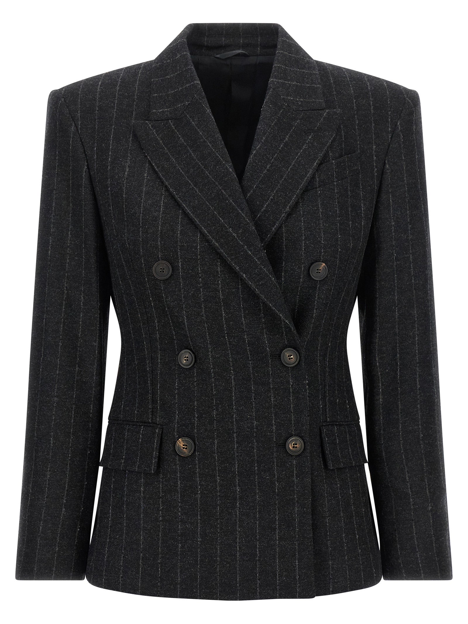 Blazer by Brunello Cucinelli for women in virgin wool cashmere gray, horn, patterned & pinstripe features an crisp silhouette with sophisticated and a crisp for a truly crisp finish.