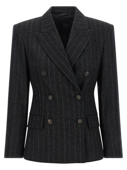 Blazer by Brunello Cucinelli for women in virgin wool cashmere gray, horn, patterned & pinstripe features an crisp silhouette with sophisticated and a crisp for a truly crisp finish.