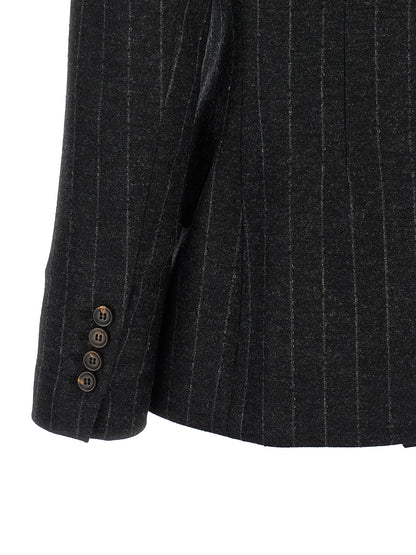 Blazer by Brunello Cucinelli for women in virgin wool cashmere gray, horn, patterned & pinstripe features an sartorial silhouette, showcasing a sophisticated and sartorial for a truly sartorial finish.