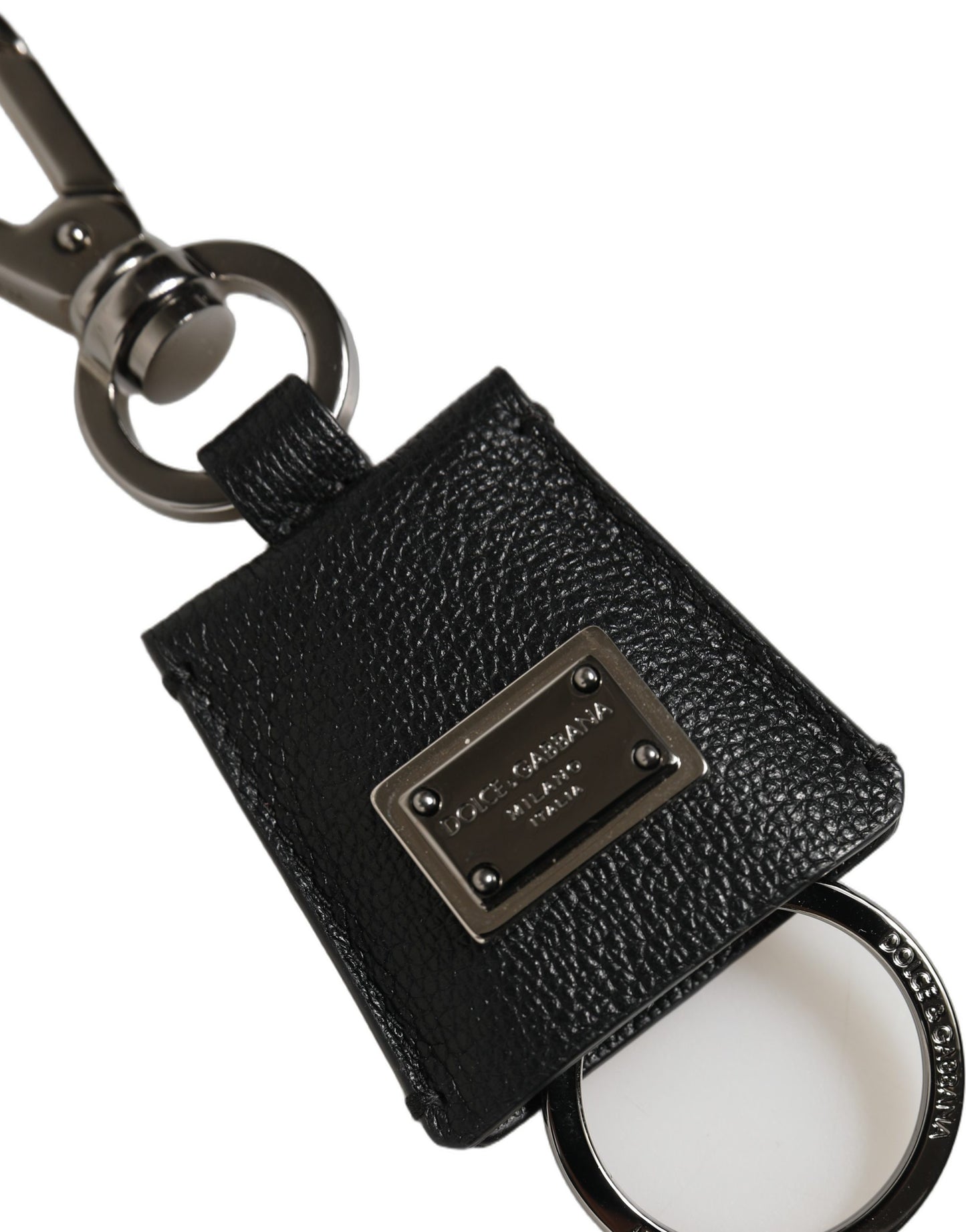 Dolce & Gabbana Black Dauphine Leather Silver Metal Logo Plaque Keyring